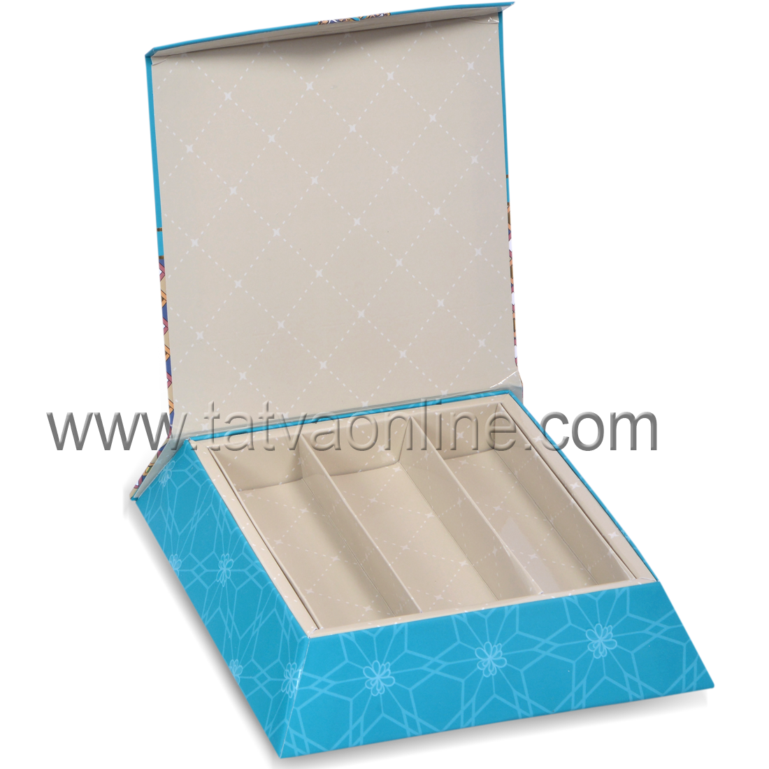 Mithai Boxes - Paper, Square Shape, Turquoise Color | Matte Lamination, Uv Offset Printing, 2 Partitions For Dry Fruit Or 9 Cavity Chocolate Tray