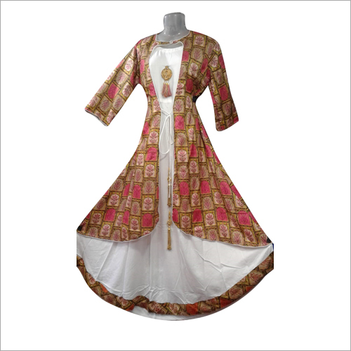 Brown & White Ladies Georgette Long Jacket Gown