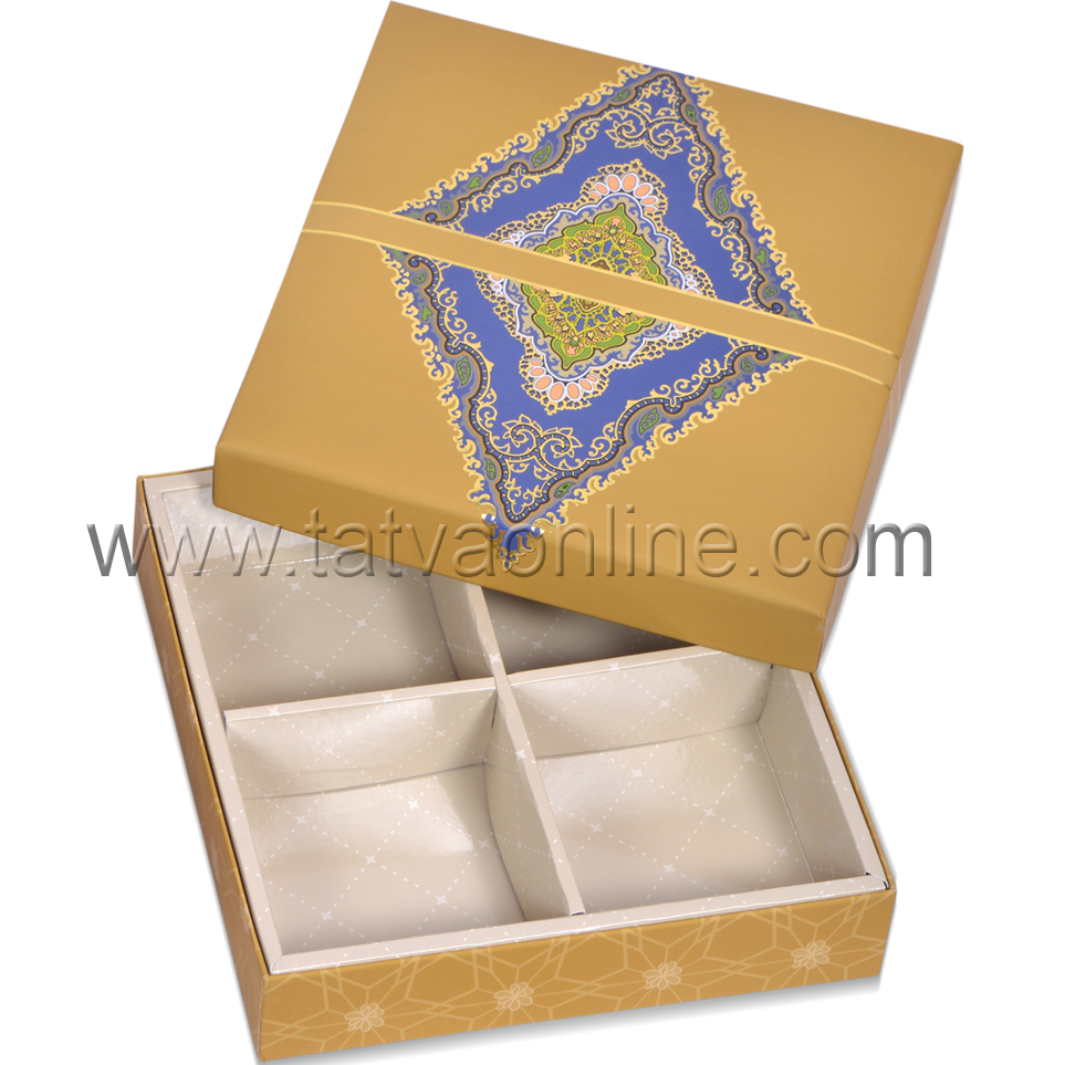 Festive Mithai Boxes - Paper, 20.2 X 20.2 X 3.8 Cms, Gold Color | Foil Stamped Design, Square Shape, 4 Partitions, Customizable For Dry Fruits Or Mithai