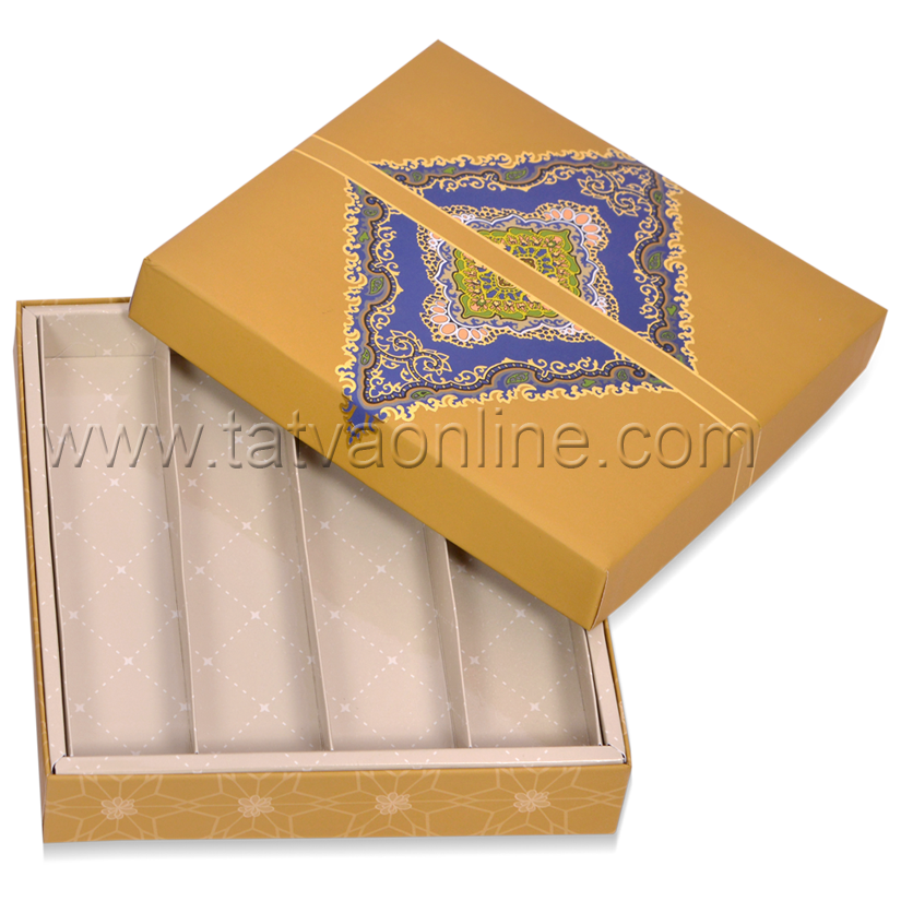 Festive Mithai Boxes - Paper, 20.2 X 20.2 X 3.8 Cms, Gold Color | Foil Stamped Design, Square Shape, 4 Partitions, Customizable For Dry Fruits Or Mithai