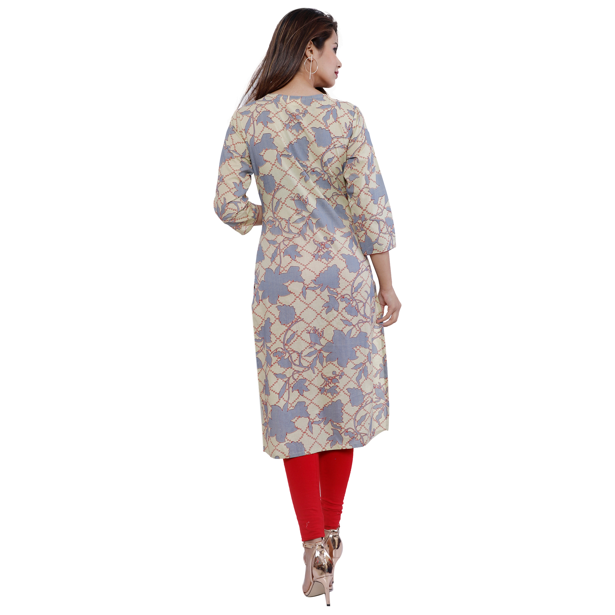 Cotton Kurti - Cotton, Knee-length, V-neck, 3/4 Sleeve | Comfortable, Stylish, Printed, Regular Fit