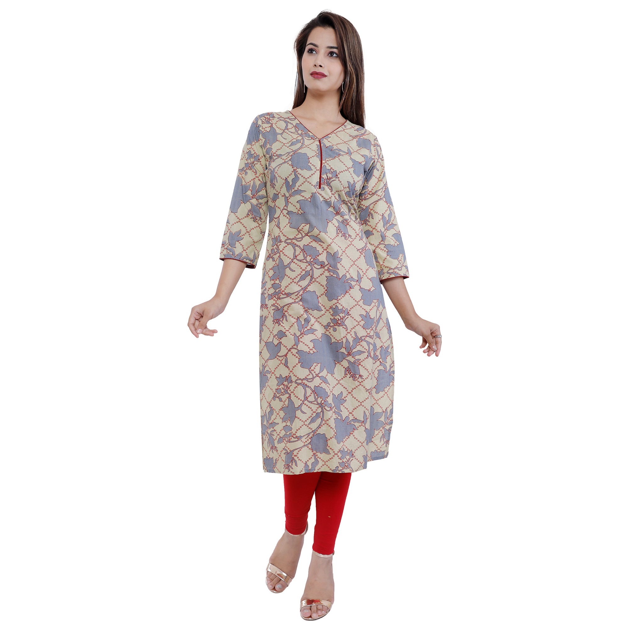 Cotton Kurti - Cotton, Knee-length, V-neck, 3/4 Sleeve | Comfortable, Stylish, Printed, Regular Fit