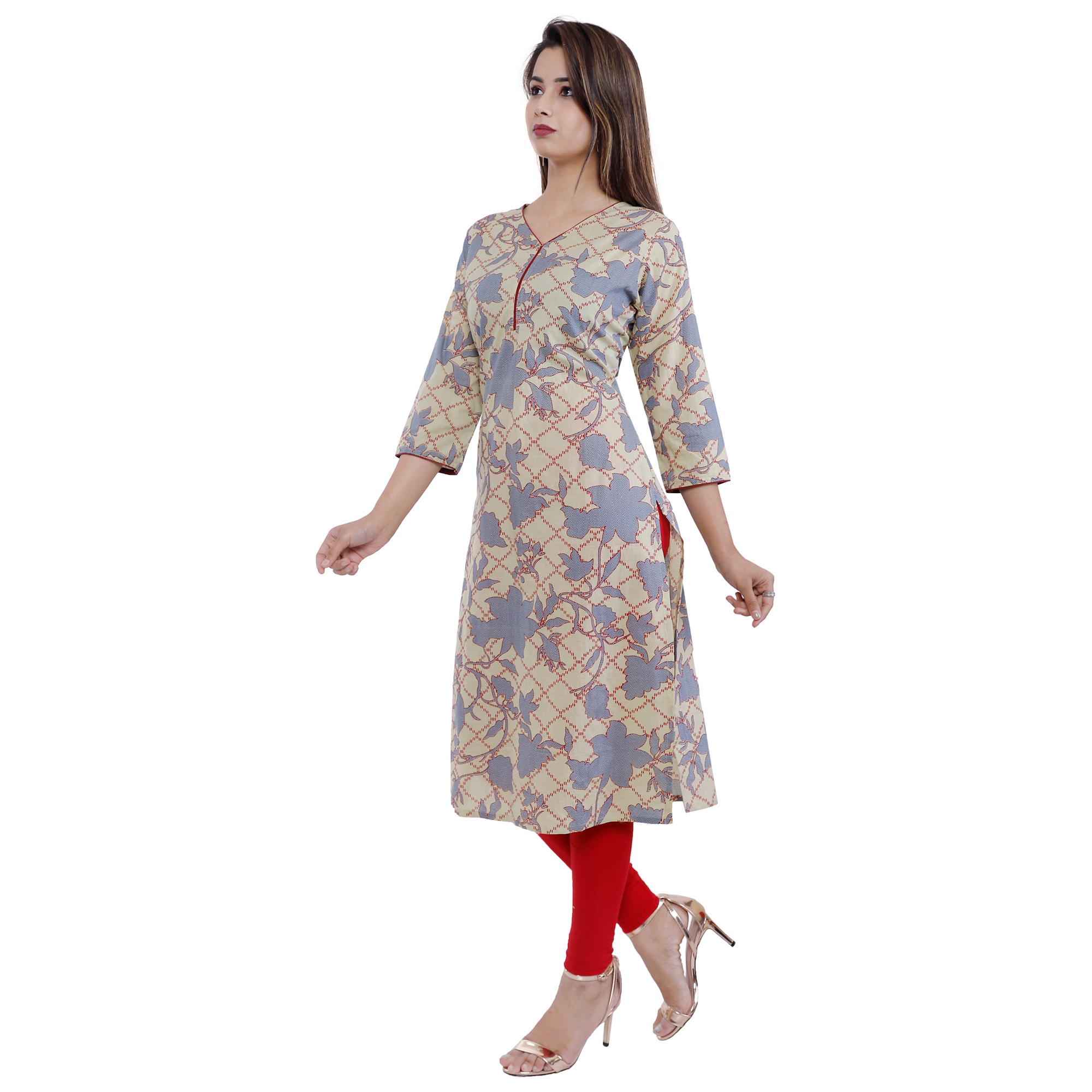 Cotton Kurti - Cotton, Knee-length, V-neck, 3/4 Sleeve | Comfortable, Stylish, Printed, Regular Fit