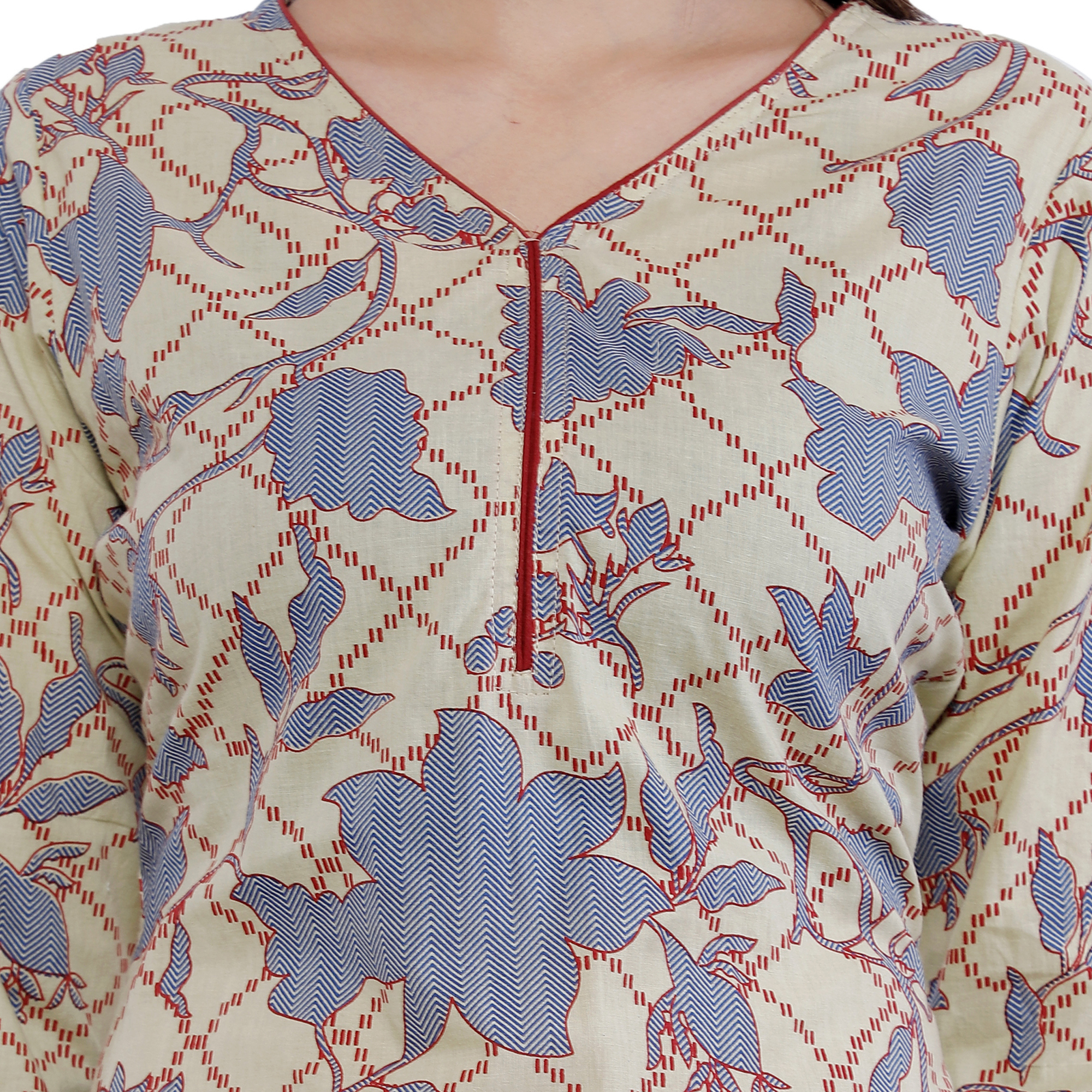 Cotton Kurti - Cotton, Knee-length, V-neck, 3/4 Sleeve | Comfortable, Stylish, Printed, Regular Fit