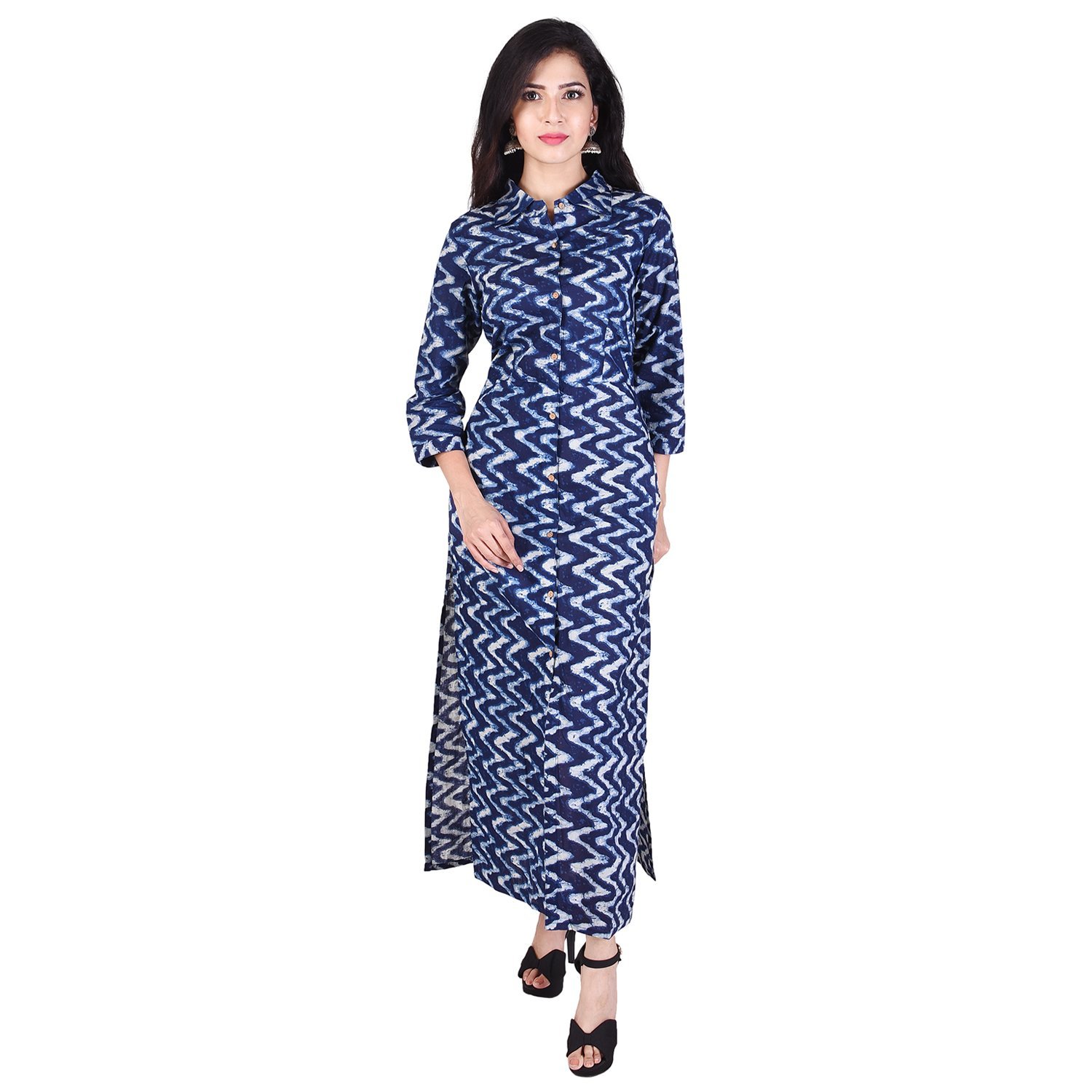 Cotton Kurti - Maxi Length, Blue, Collared Neck | Soft Cotton, Stylish Zigzag Pattern, Comfortable Fit, Three-quarter Sleeves