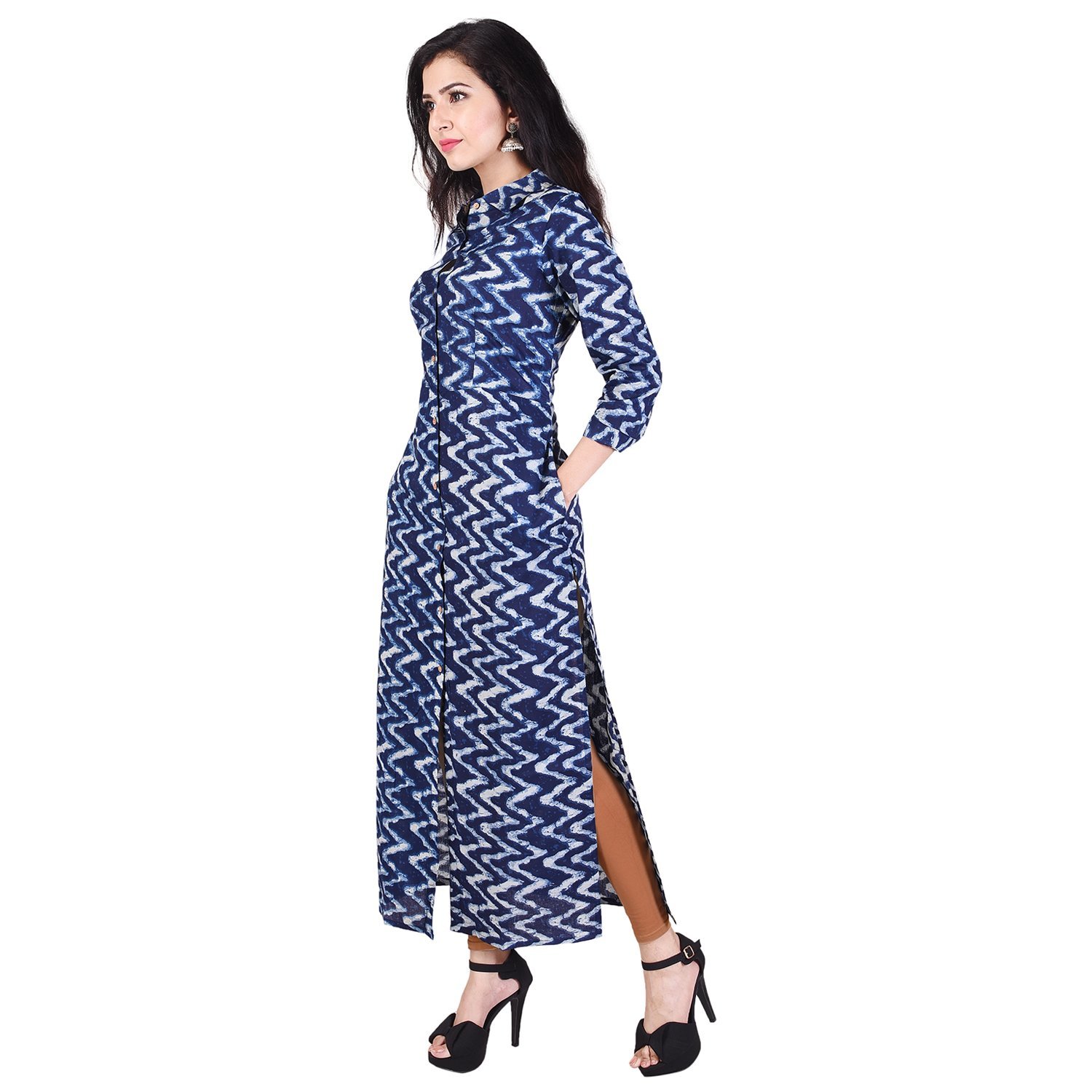 Cotton Kurti - Maxi Length, Blue, Collared Neck | Soft Cotton, Stylish Zigzag Pattern, Comfortable Fit, Three-quarter Sleeves