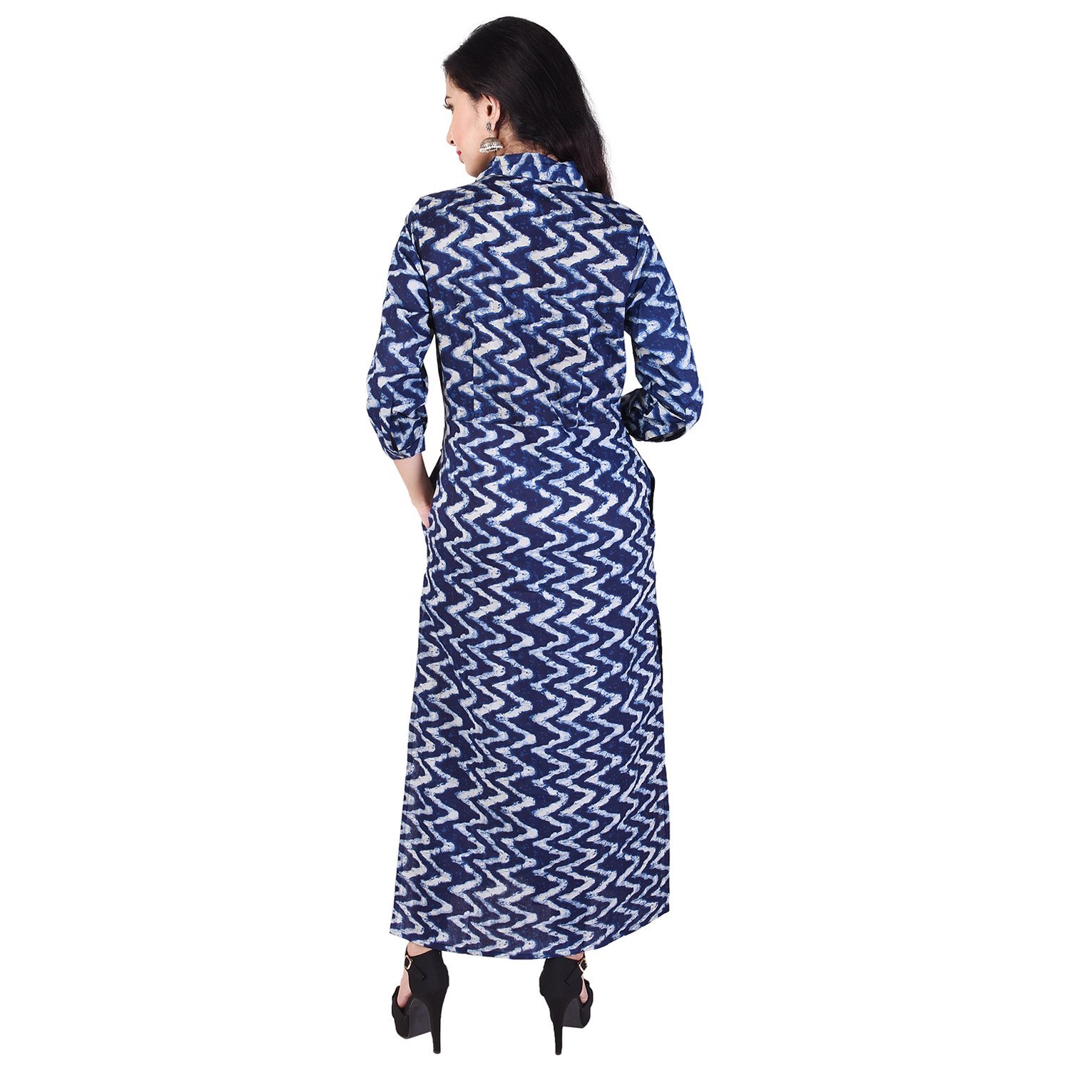 Cotton Kurti - Maxi Length, Blue, Collared Neck | Soft Cotton, Stylish Zigzag Pattern, Comfortable Fit, Three-quarter Sleeves