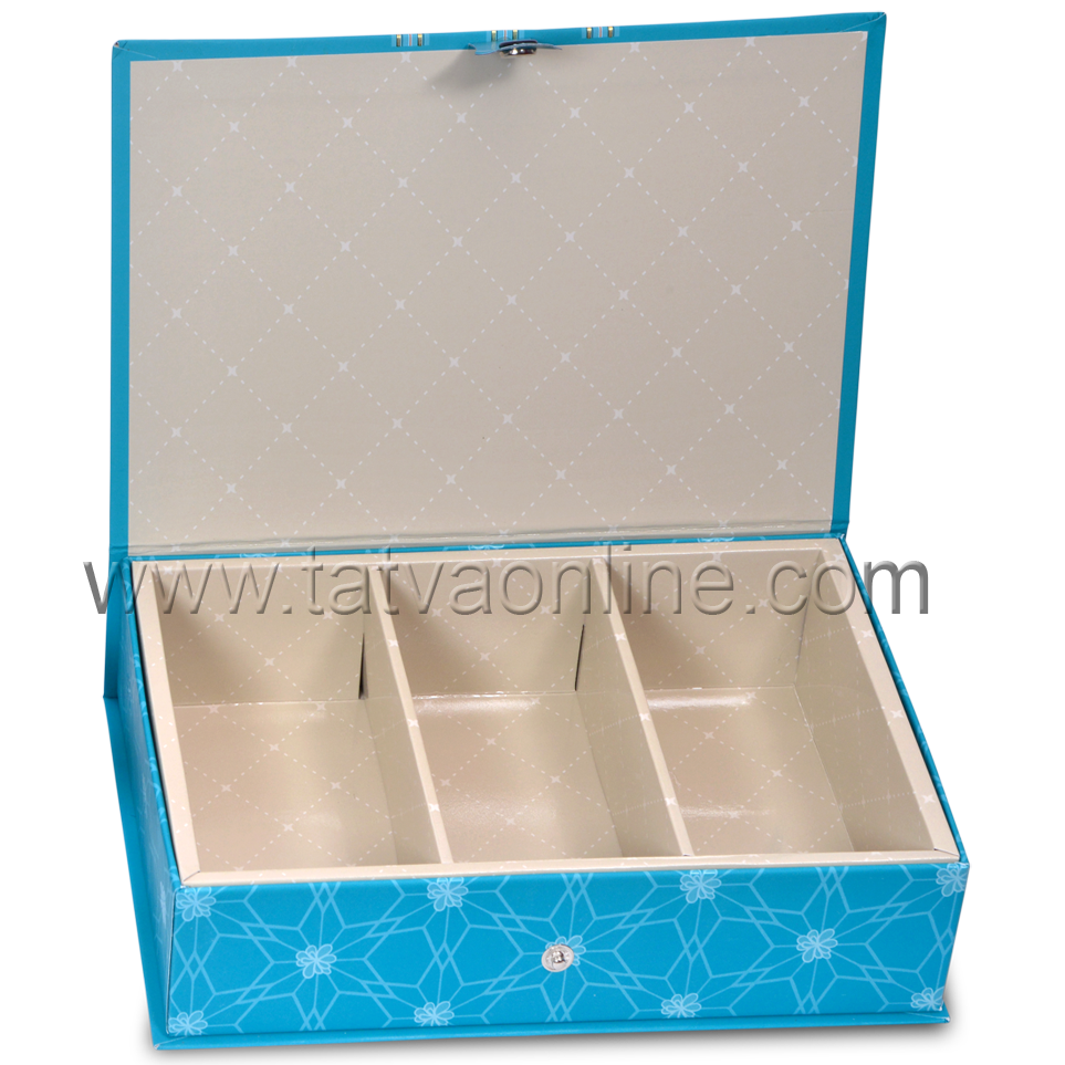 Fancy Decorative Box - Paper 23.6 X 14.4 X 5.6 Cms | Turquoise Color 3 Partitions For Dry Fruits Customizable For Chocolates & Sweets