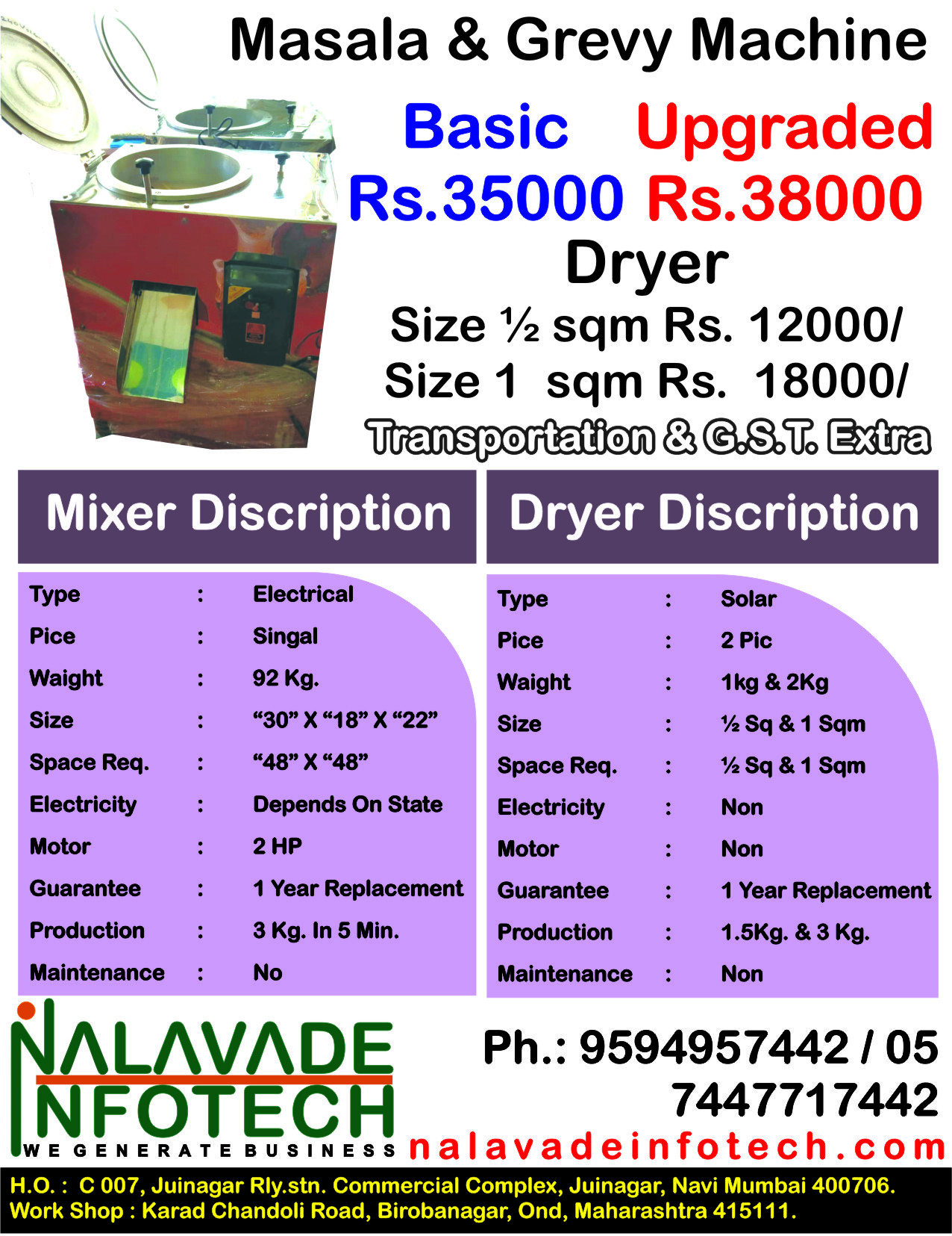 Masala Machine - Stainless Steel, 30x18x22 Inches | 2 Hp Motor, 3 Kg Production In 5 Minutes, Low Noise, Table Top Design