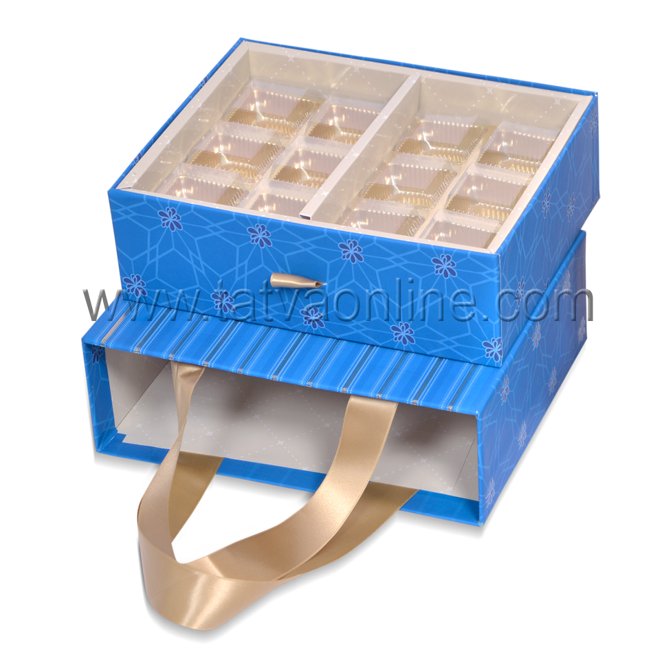 Designer Dry Fruit Bag Box - Paper 20.3 X 15.8 X 5.6 Cms | Blue Color Uv Offset Printed 2 Partitions Ideal For Gifting