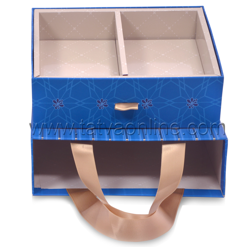 Designer Dry Fruit Bag Box - Paper 20.3 X 15.8 X 5.6 Cms | Blue Color Uv Offset Printed 2 Partitions Ideal For Gifting