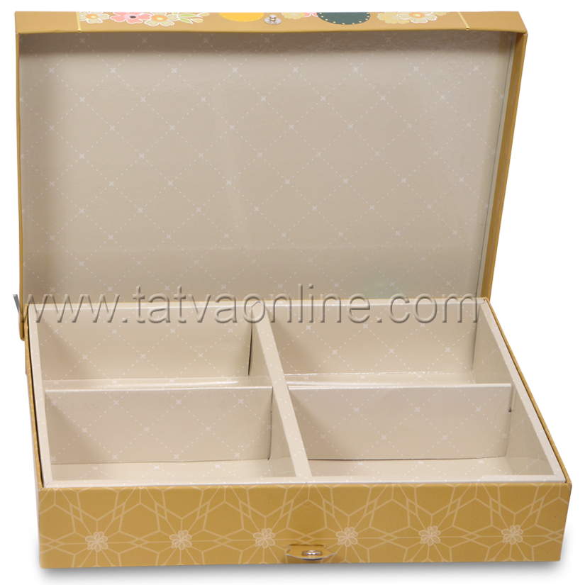 Corporate Gift Boxes - Paper, 30.3 X 20.4 X 5.1 Cms, Gold Color | Designer Dry Fruit Box With Button Closure, 4 Partitions, Customizable For Mithai & Chocolates