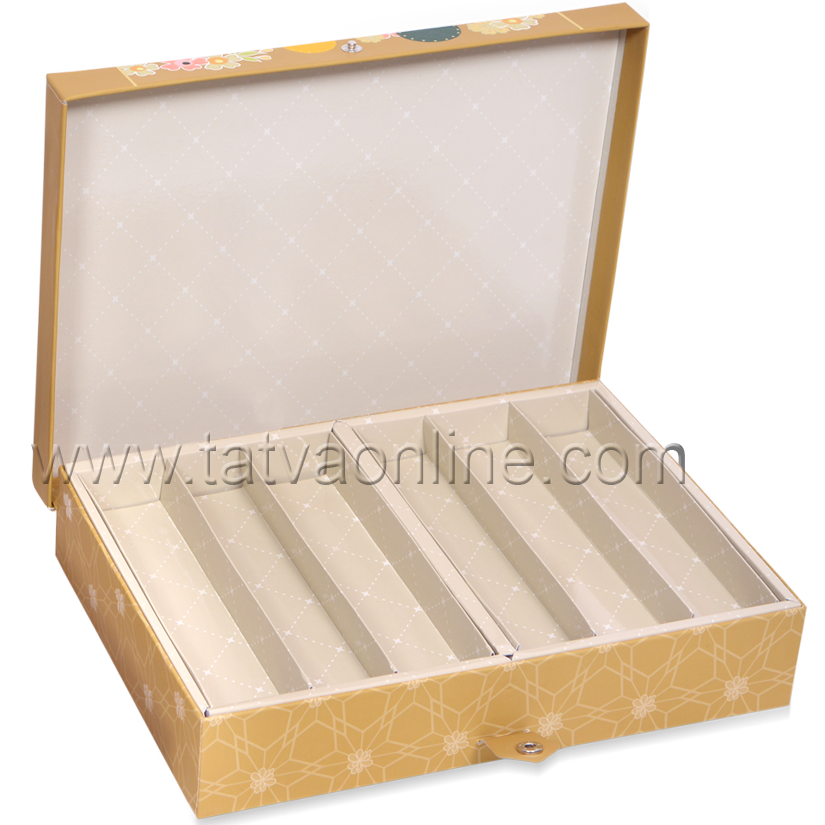 Corporate Gift Boxes - Paper, 30.3 X 20.4 X 5.1 Cms, Gold Color | Designer Dry Fruit Box With Button Closure, 4 Partitions, Customizable For Mithai & Chocolates