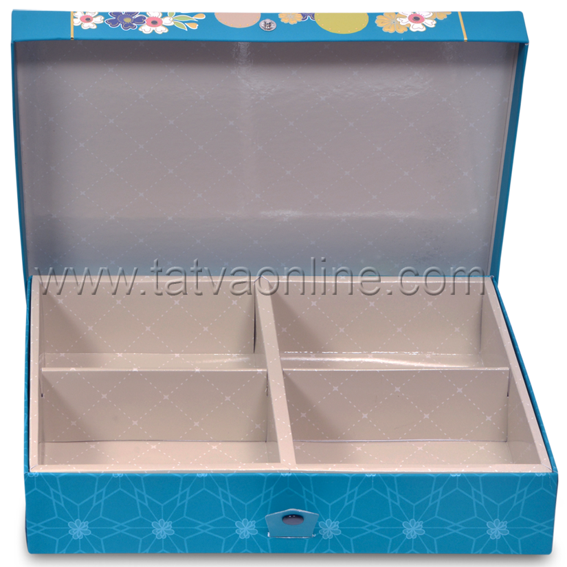 Fancy Designer Box - Paper, 30.3 X 20.4 X 5.1 Cms, Turquoise Color | Features 4 Partitions, Unique Button Closure, Foil Stamped Design