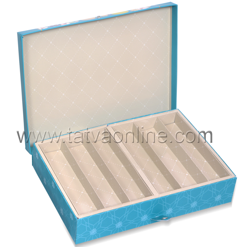Fancy Designer Box - Paper, 30.3 X 20.4 X 5.1 Cms, Turquoise Color | Features 4 Partitions, Unique Button Closure, Foil Stamped Design
