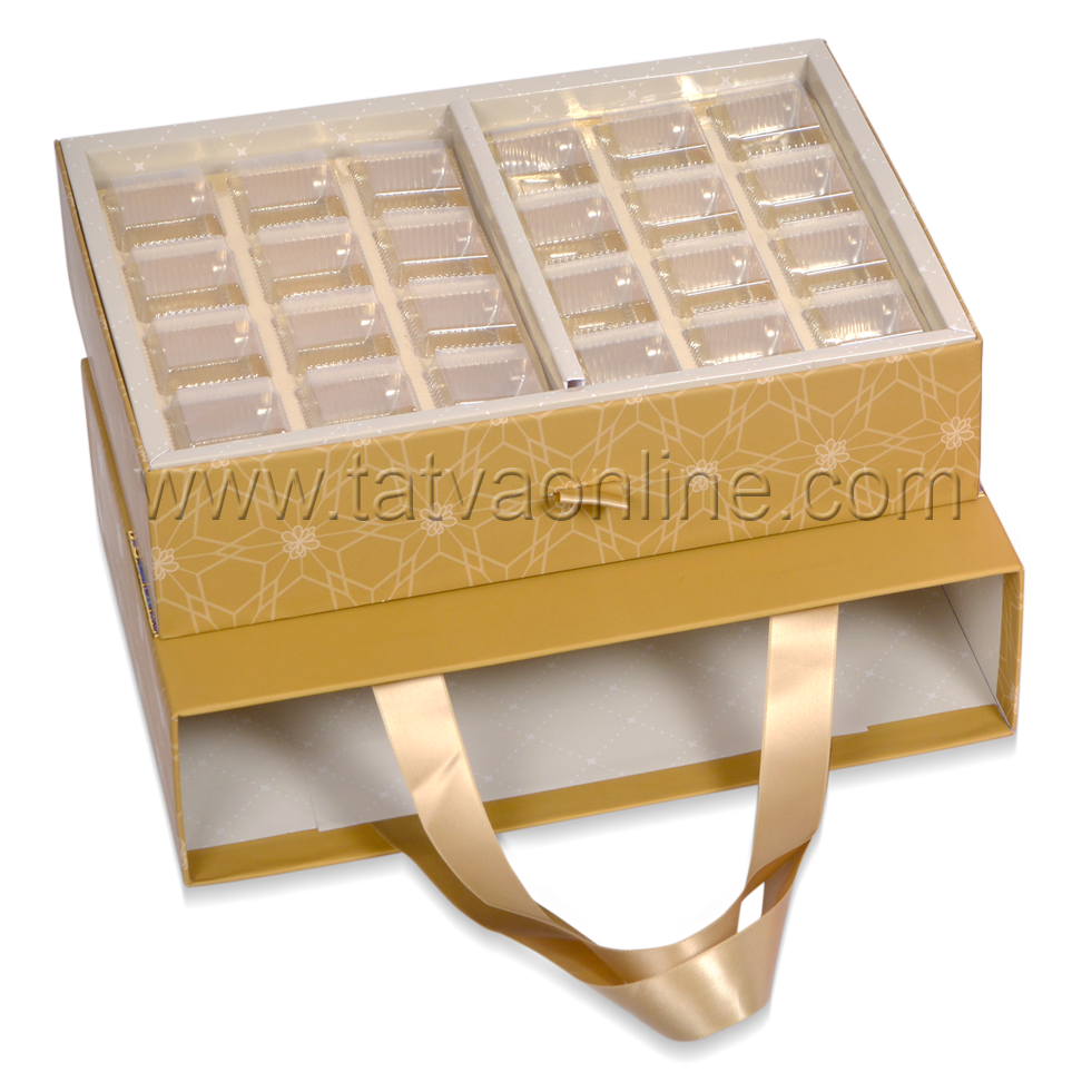 Designer Bag Box - Paper, 30.2 X 20.7 X 6.4 Cms, Gold Color | Matte Lamination, Uv Offset Printing, 4 Partitions, Flexible Use For Dry Fruits Or Chocolates