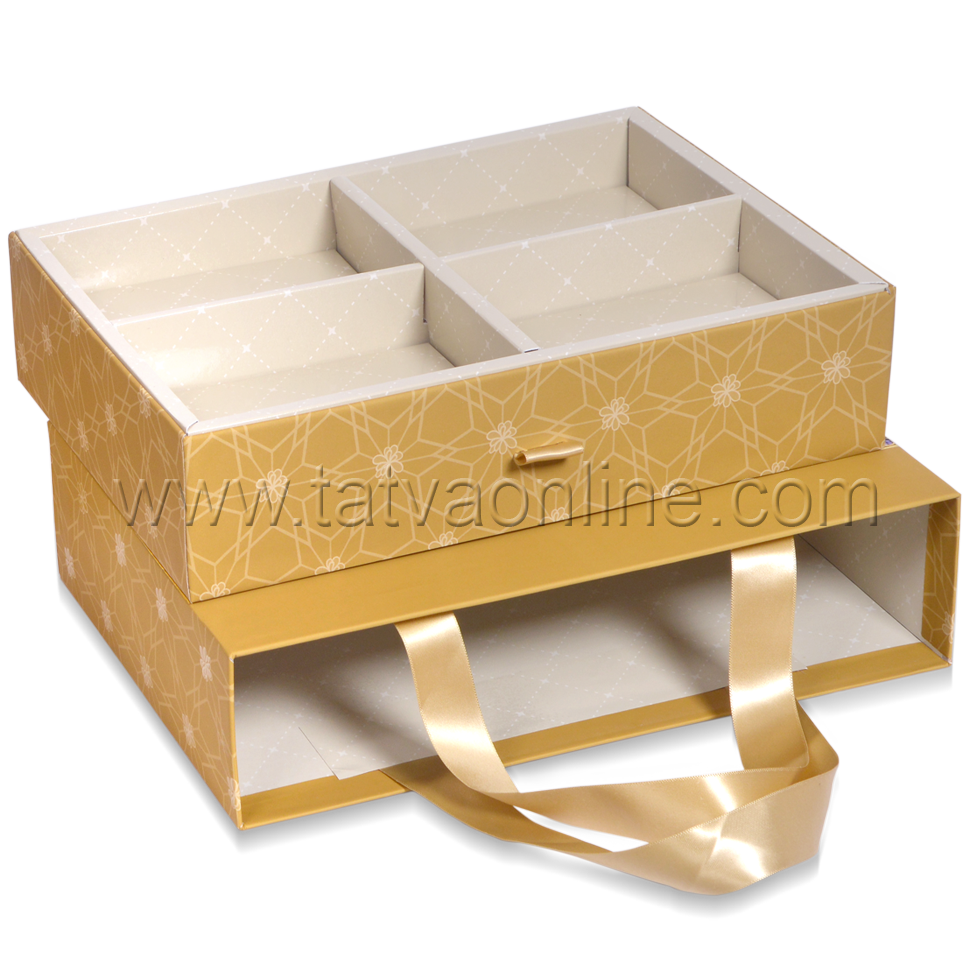 Designer Bag Box - Paper, 30.2 X 20.7 X 6.4 Cms, Gold Color | Matte Lamination, Uv Offset Printing, 4 Partitions, Flexible Use For Dry Fruits Or Chocolates