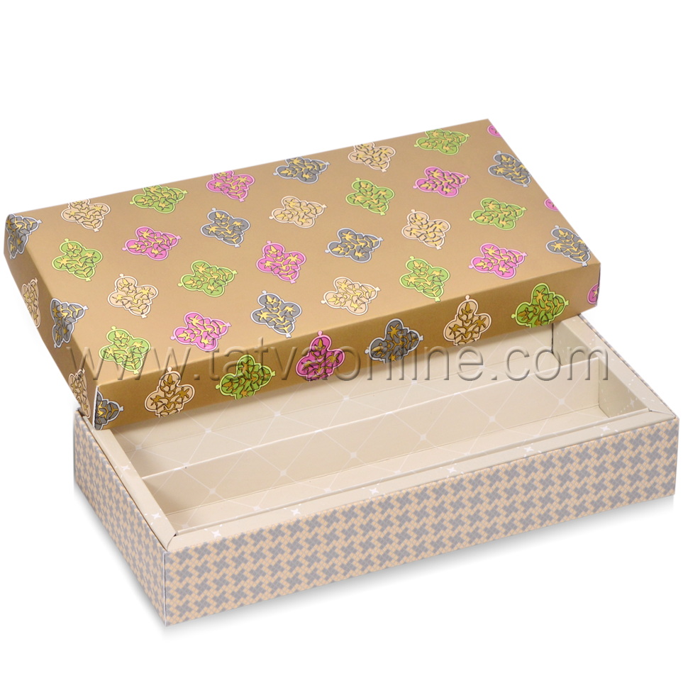 Foldable Dry Fruit Boxes - Paper, 23.5x9.5x3.7 Cm, Antique Gold & Beige, Foil Stamped Design, Matte Laminated Finish, 3-part Partition Option