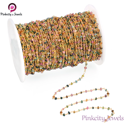 गोल प्राकृतिक मल्टी टूमलाइन 925 सिल्वर चेन