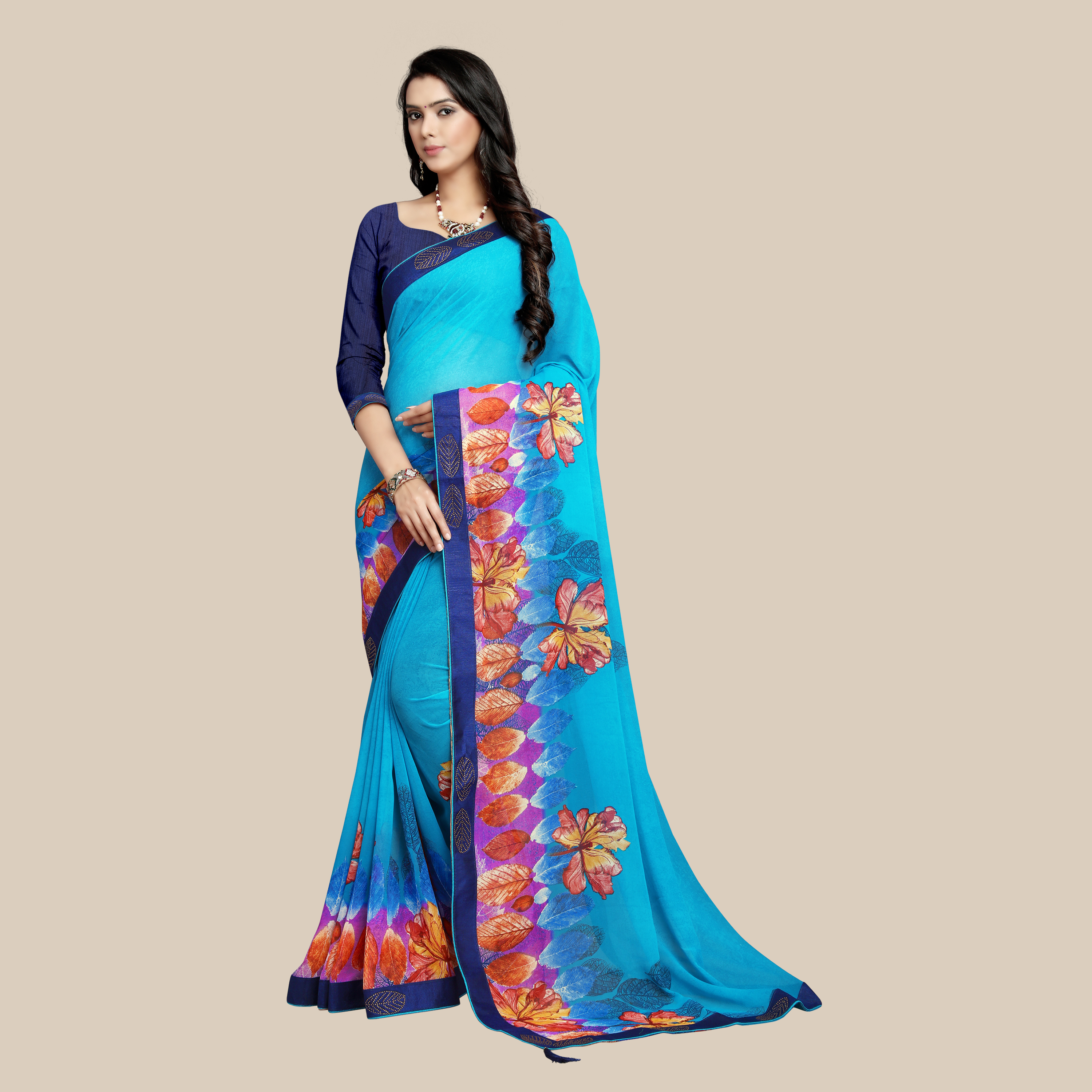 Orange Printed Sarees - Georgette Material , Elegant Orange Color With Artistic Printing Design