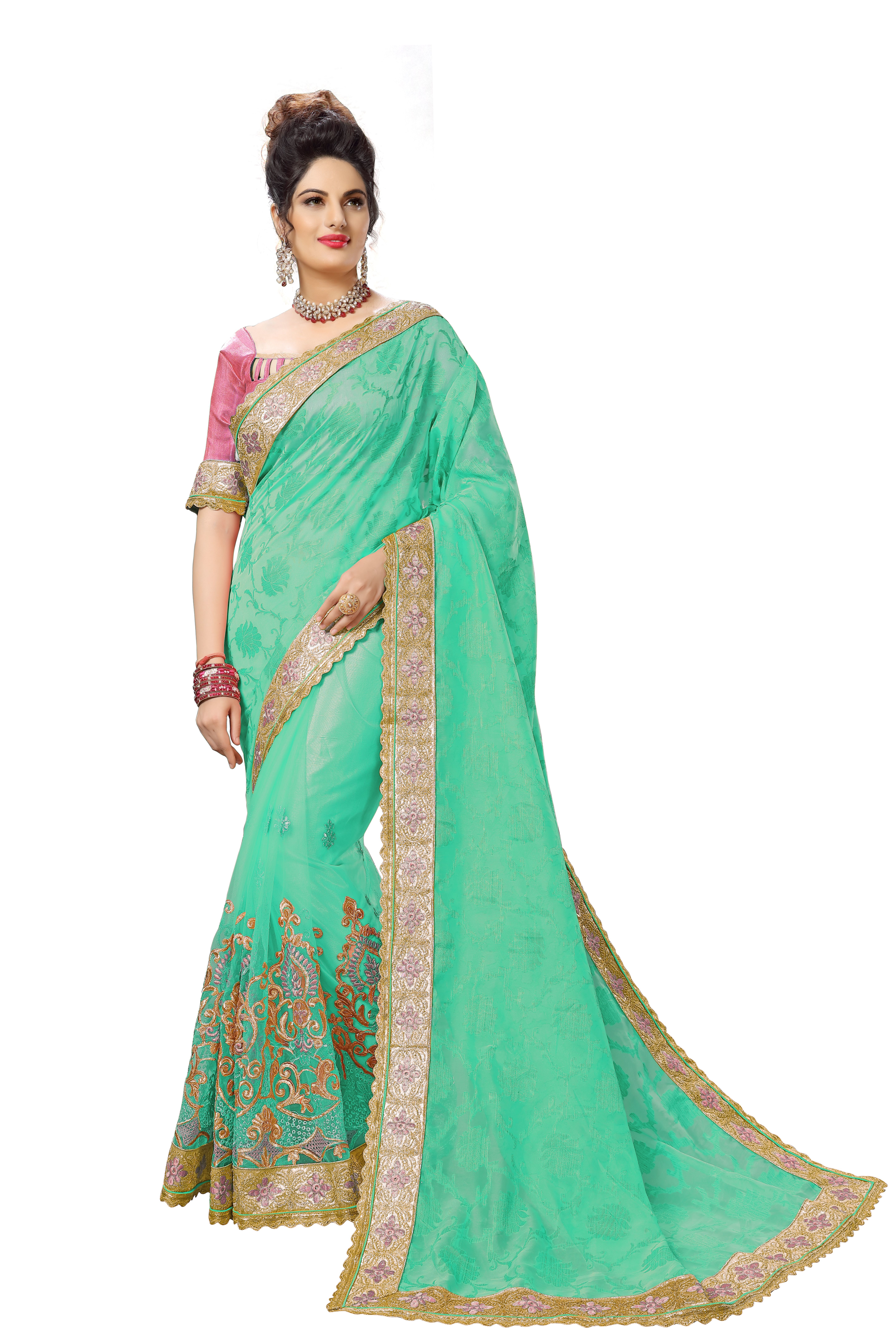 Green Embroidered Organza & Satin Saree Collection