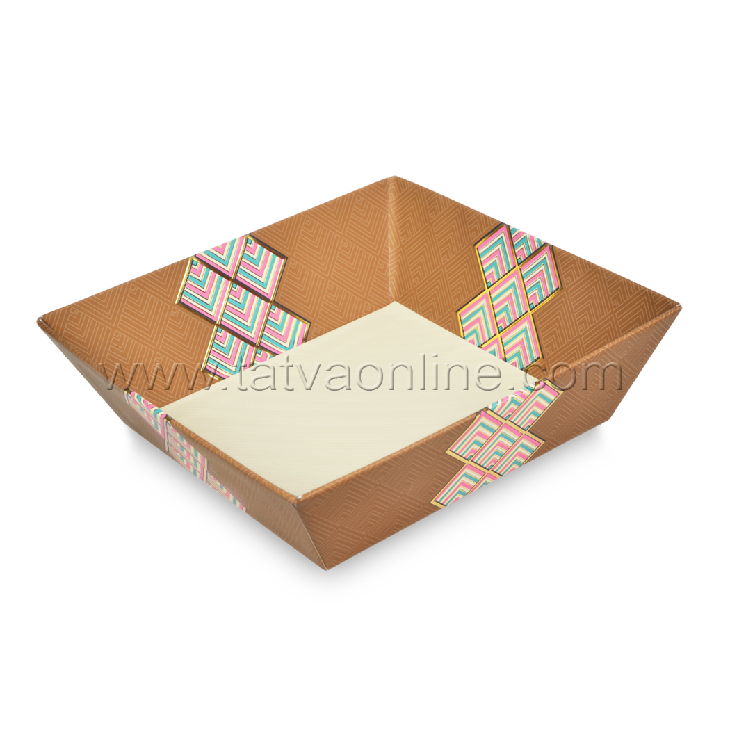 Fancy Dry Fruit Basket - Paper, 16.5x16.5x6 Cms, Brown | Matte Lamination, Uv Offset Printing, Foil Stamping On Pearlised Handmade Paper