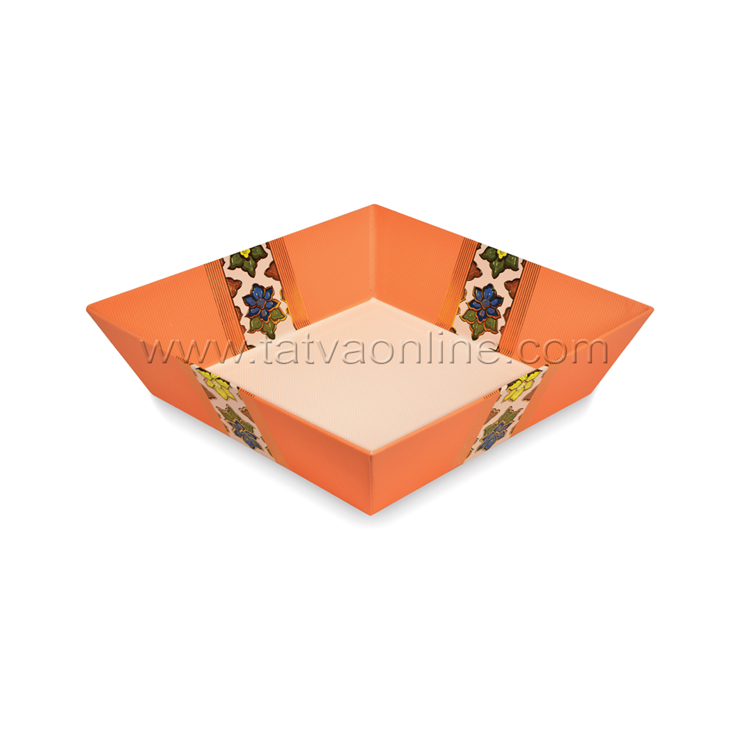 Decorative Trays - Paper Material, 14 X 14 X 5.5 Cms, Orange Color | Square Shape, Foil Stamped Design, Matte Lamination Finish, Versatile Gift Baskets