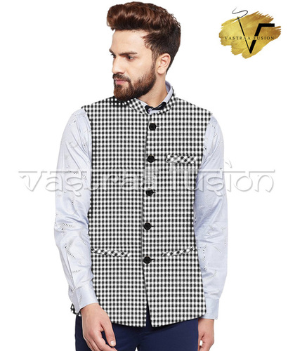 Men Checkes Casual Wear Galabandh Jacket - Cotton Blend, Size 36 to 50 Inches, Black Colour | Stylish Sleeveless Design with Three Pockets
