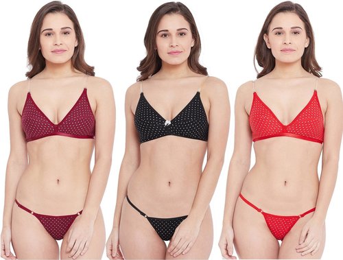 Red | Maroon | Black Non Padded Wire Free Polka Dot Printed Bra & Bikini Panty