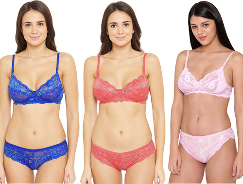 Non Padded Wire Free Lace Design Bra & Hipster Panty Lingerie Set - Lace + Spandex, Size 32-38, Colors: Blue | Coral | Light Pink , Adjustable Band & Transparent Straps for Custom Comfort
