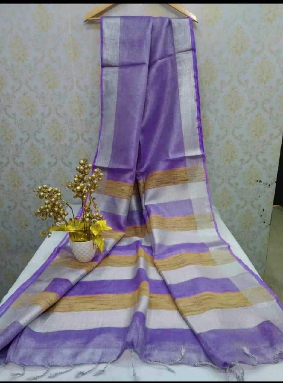 Pure Linen Silver Zari Border Sarees - Silk Material, Bangali Style | Elegant Plain Pattern
