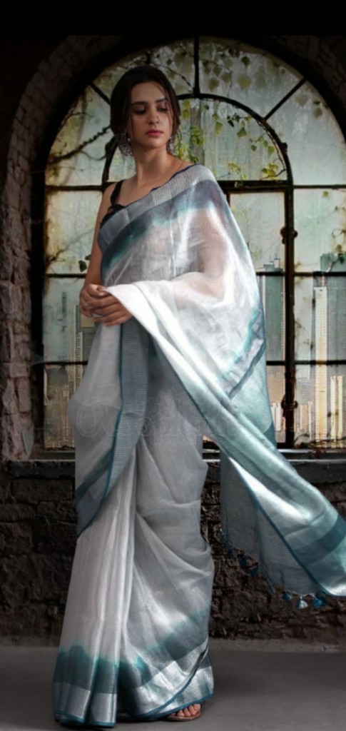 Silk Tissue Linen Strap Border Sarees