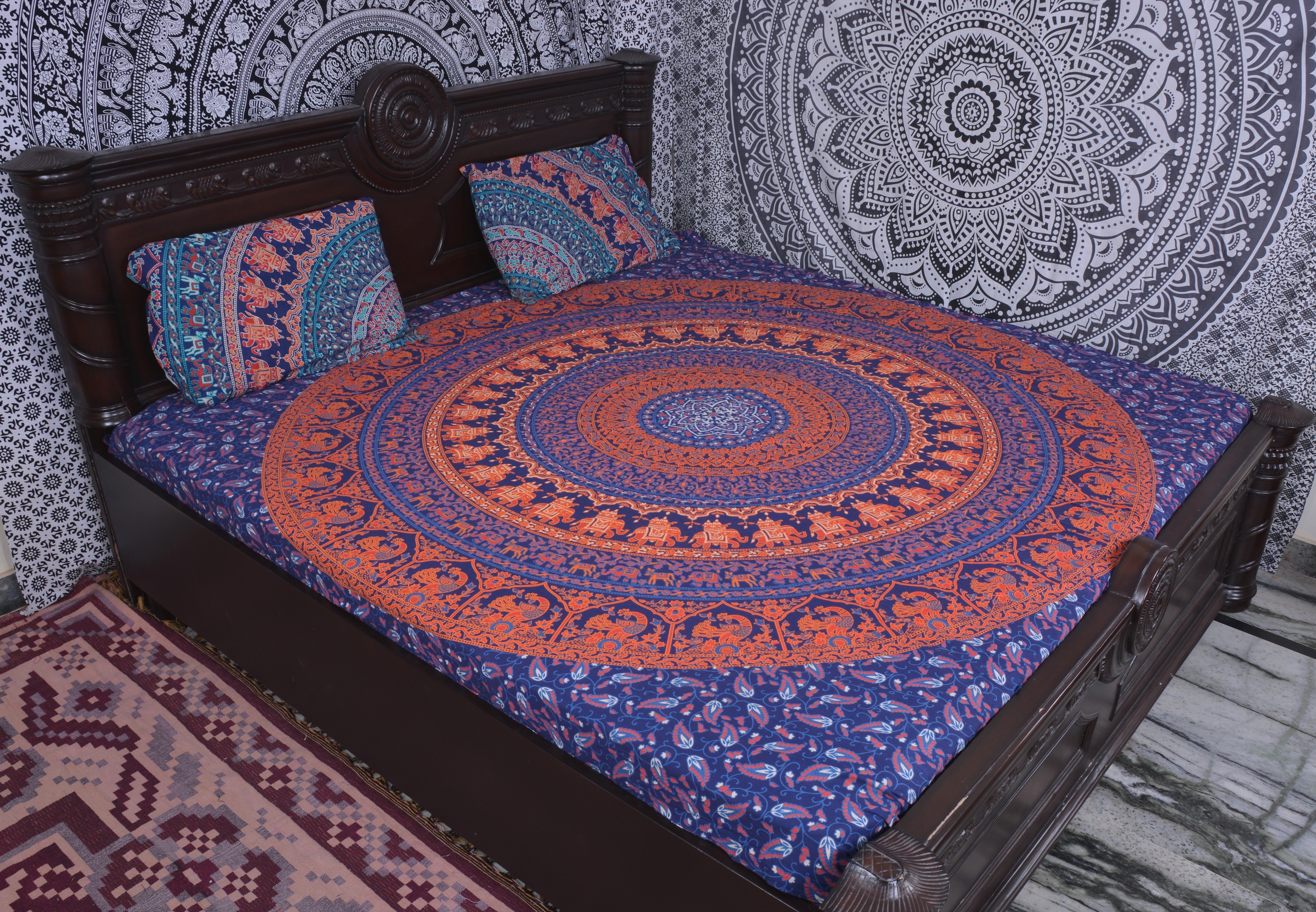 Quick Dry Indian Mandala Orange Round Cotton Duvet Cover