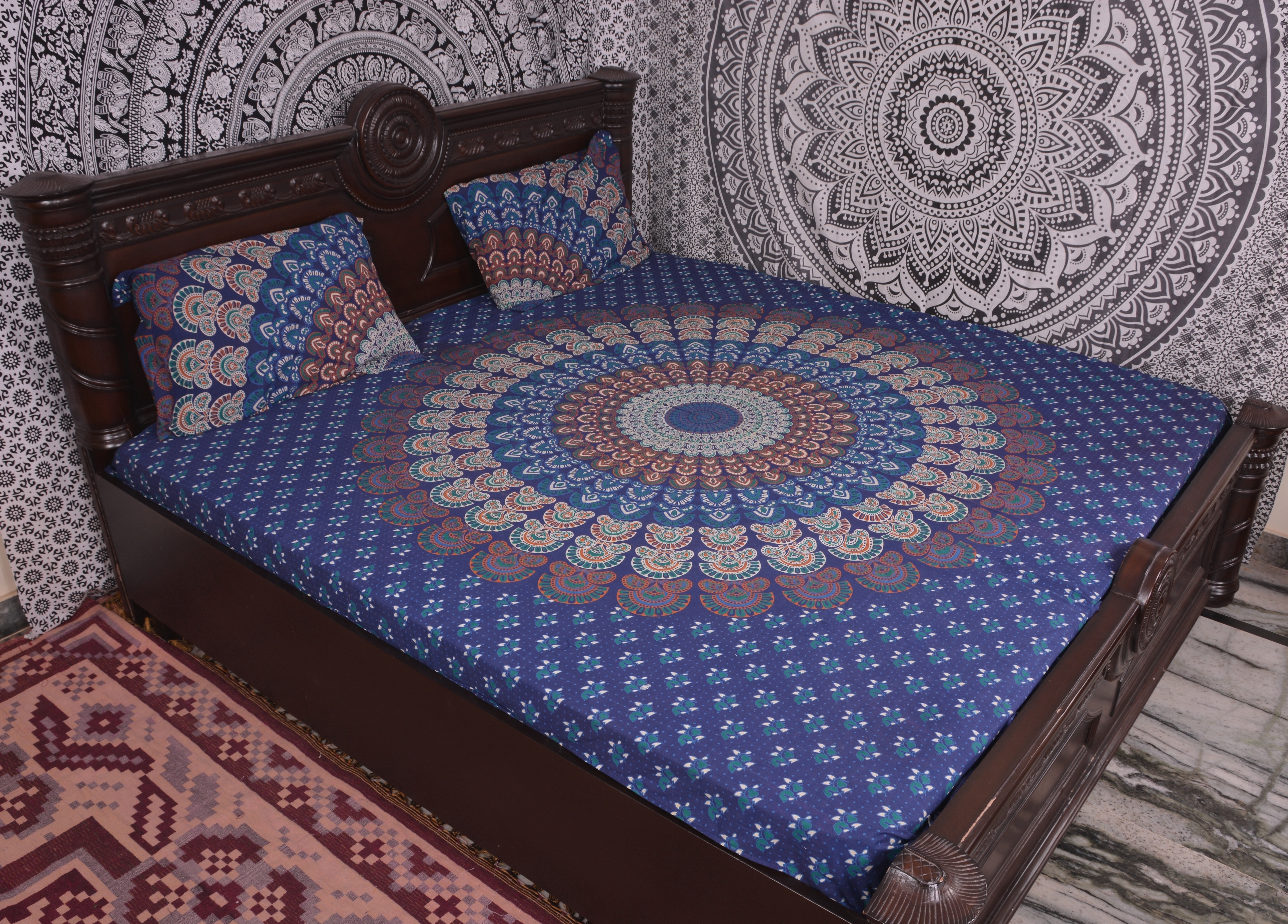 Washable Indian Mandala Blue Round Cotton Duvet Cover