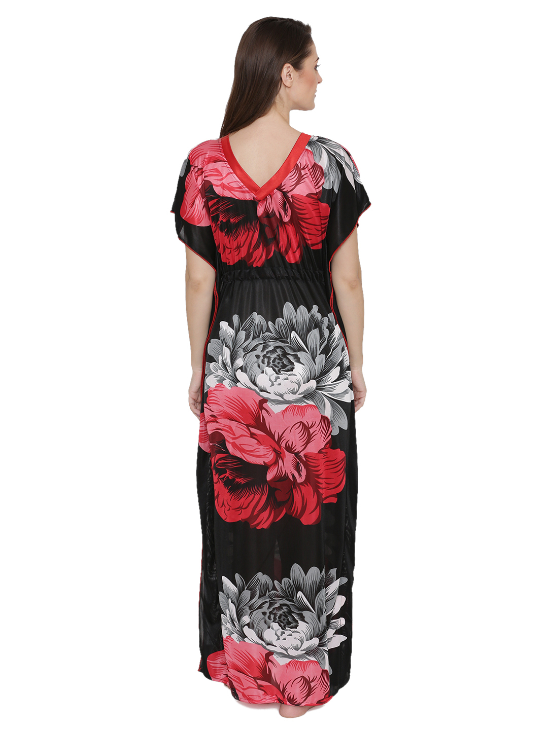 Women Satin Printed Kaftan Style Long Nighty Night Gown Night Dress Nightwear - Soft Satin Fabric, Sizes S/m/l, Colors: Red, Blue, Pink, Short Sleeves