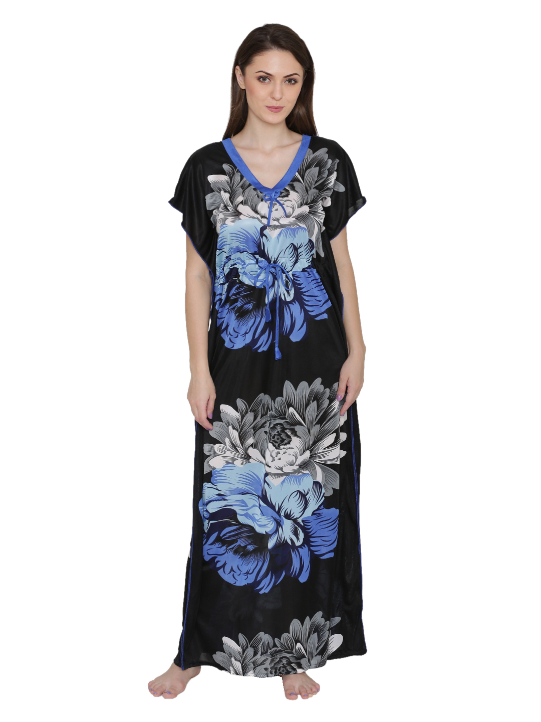 Women Satin Printed Kaftan Style Long Nighty Night Gown Night Dress Nightwear - Soft Satin Fabric, Sizes S/m/l, Colors: Red, Blue, Pink, Short Sleeves