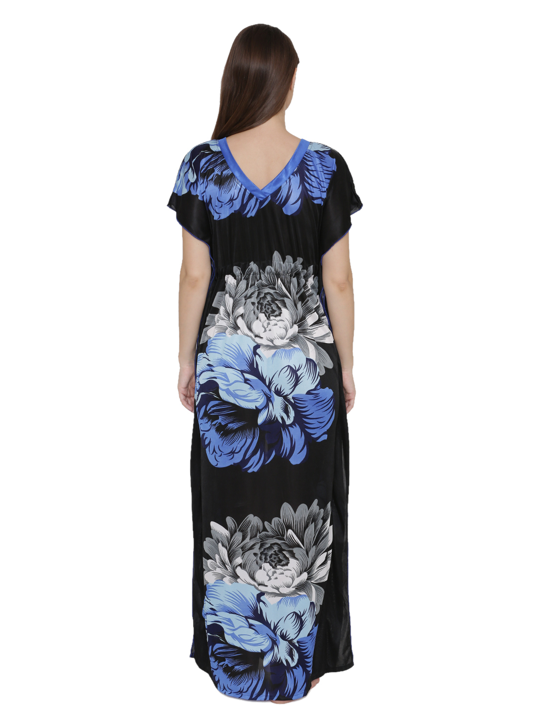 Women Satin Printed Kaftan Style Long Nighty Night Gown Night Dress Nightwear - Soft Satin Fabric, Sizes S/m/l, Colors: Red, Blue, Pink, Short Sleeves