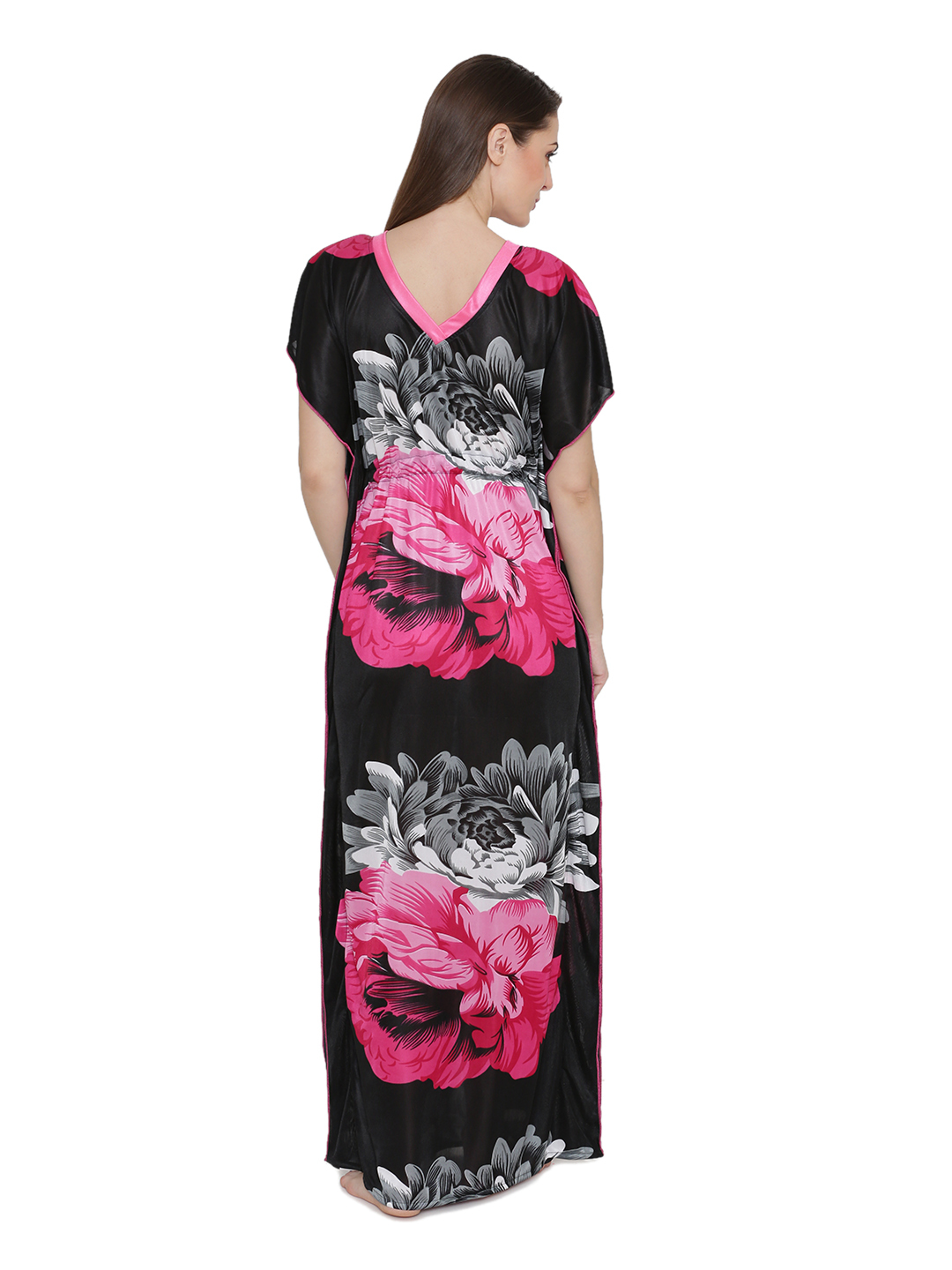 Women Satin Printed Kaftan Style Long Nighty Night Gown Night Dress Nightwear - Soft Satin Fabric, Sizes S/m/l, Colors: Red, Blue, Pink, Short Sleeves