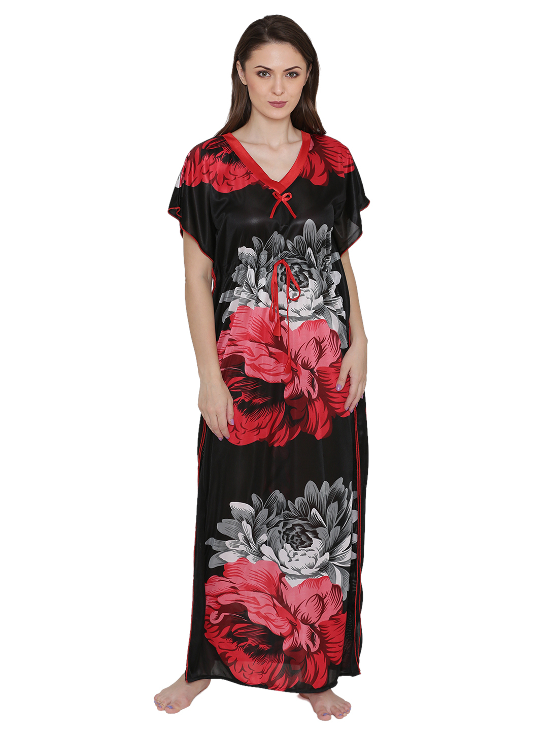 Women Satin Printed Kaftan Style Long Nighty Night Gown Night Dress Nightwear - Soft Satin Fabric, Sizes S/m/l, Colors: Red, Blue, Pink, Short Sleeves