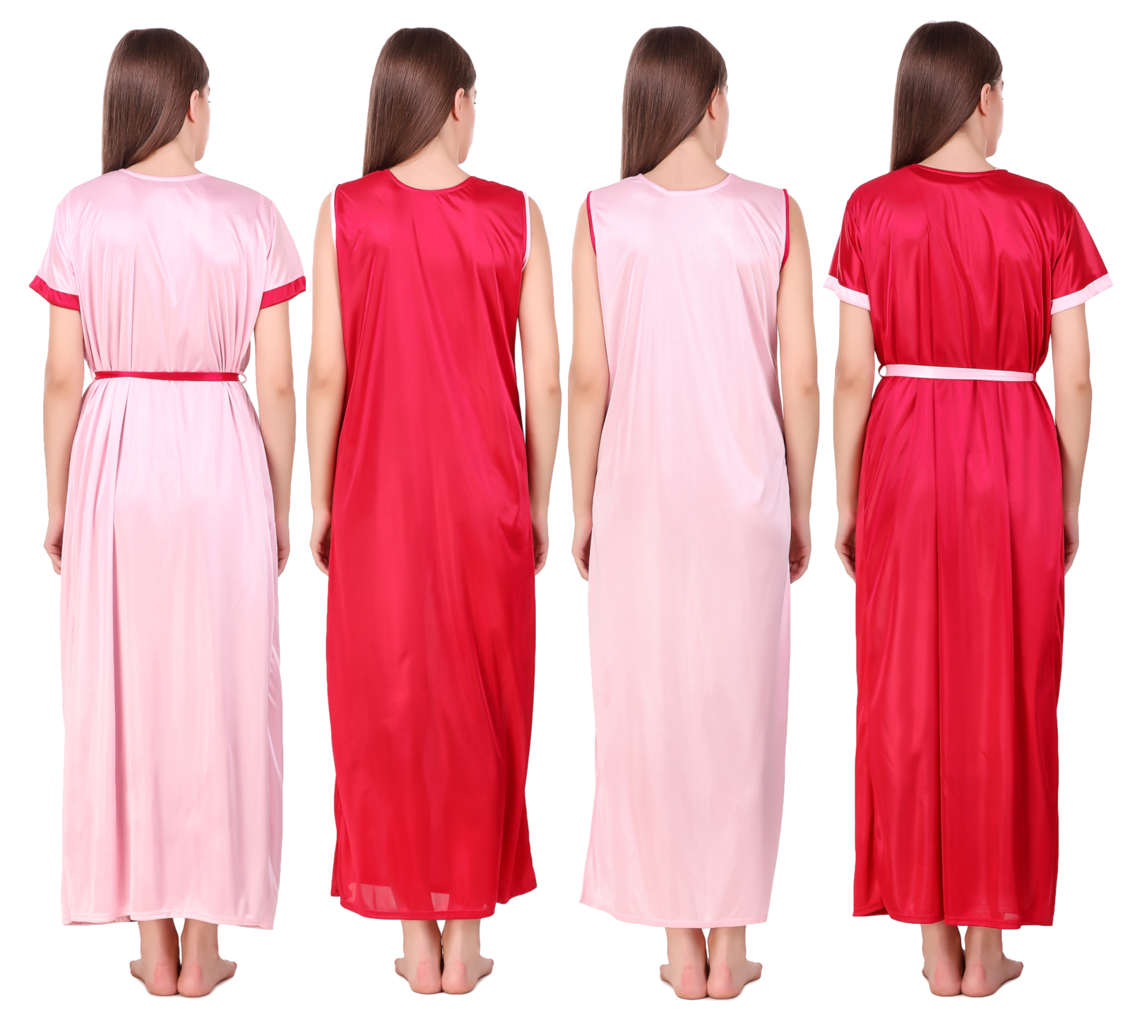 Combo Pack Of 2 Pcs Satin Spandex Nighty Robe Nightwear Set - Satin Fabric, Size: S/m/l, Color: Pink/red | Short Sleeves, Plain Design, Includes Nightgown & Robe