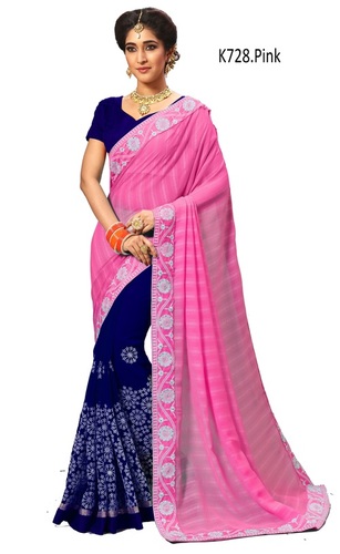 गुलाबी अनोखा फ्लोरल एम्ब्रॉएडर्ड साटन साड़ी कलेक्शन