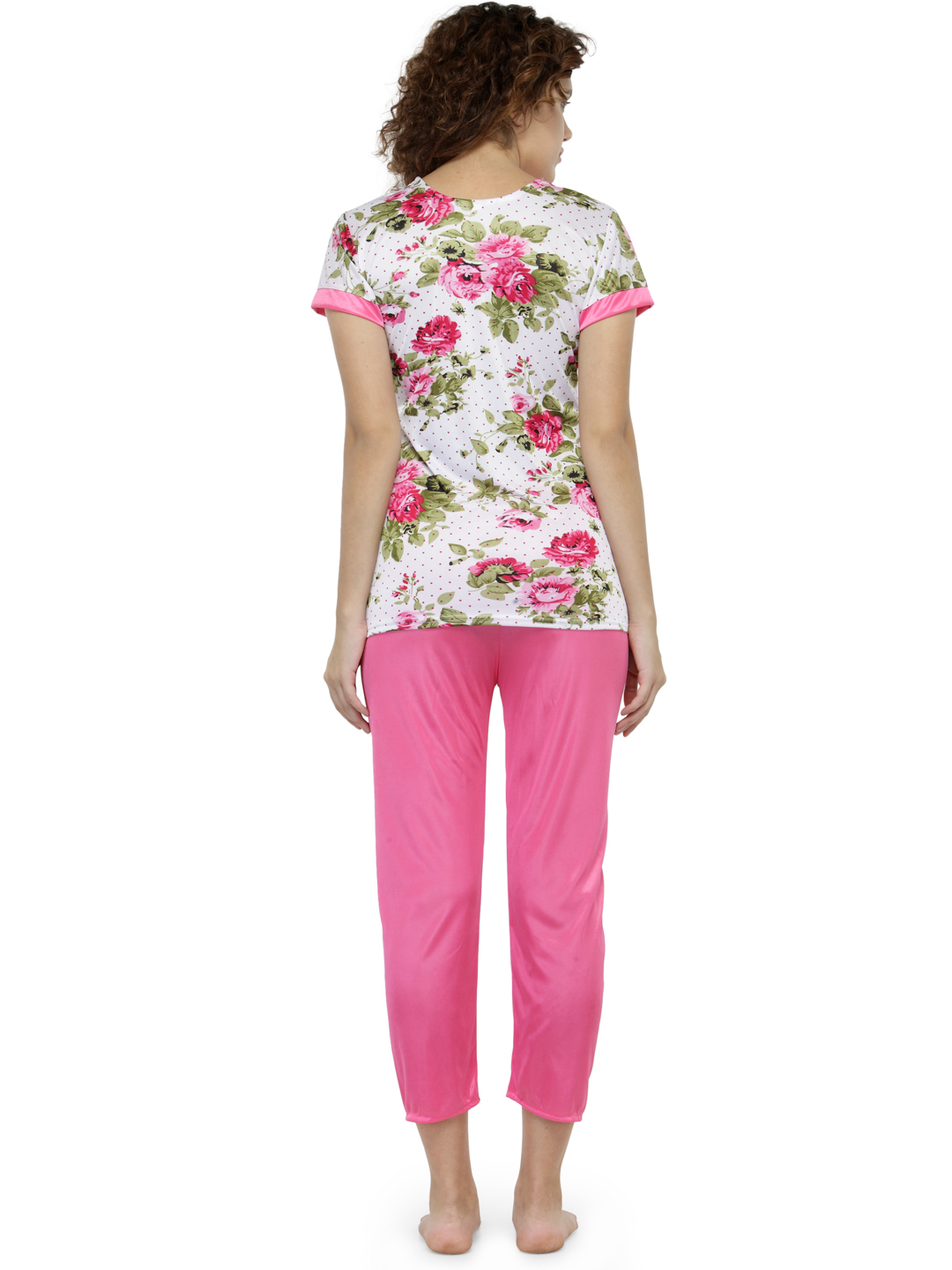 Short Sleeves Floral Print & Satin Top Pyjama Set Loungewear Nightwear - Soft Satin Fabric, Sizes [S, M, L], Colors: Pink, Purple, Magenta | 2-piece Set For Women, Comfortable & Stylish Design