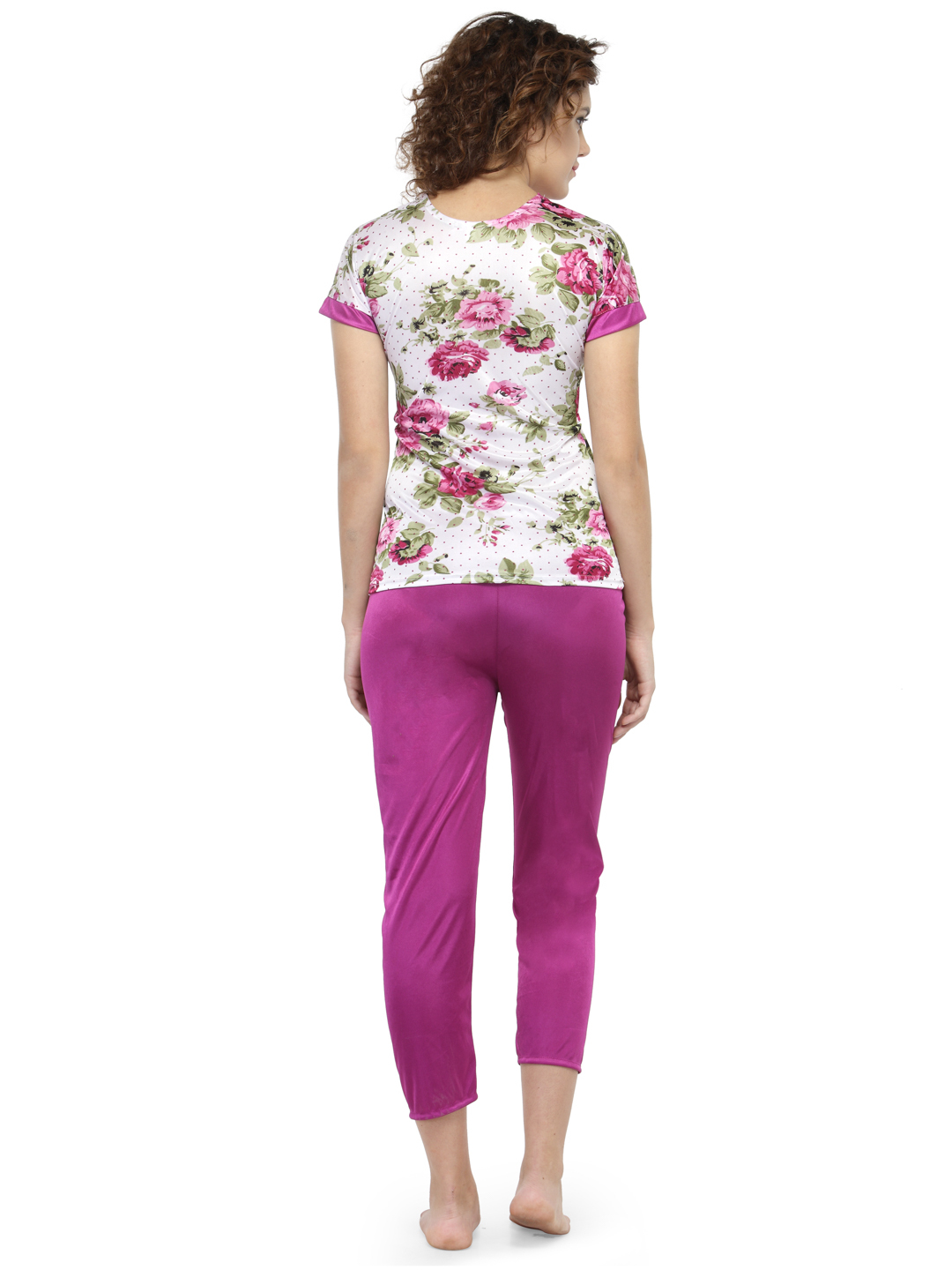 Short Sleeves Floral Print & Satin Top Pyjama Set Loungewear Nightwear - Soft Satin Fabric, Sizes [S, M, L], Colors: Pink, Purple, Magenta | 2-piece Set For Women, Comfortable & Stylish Design