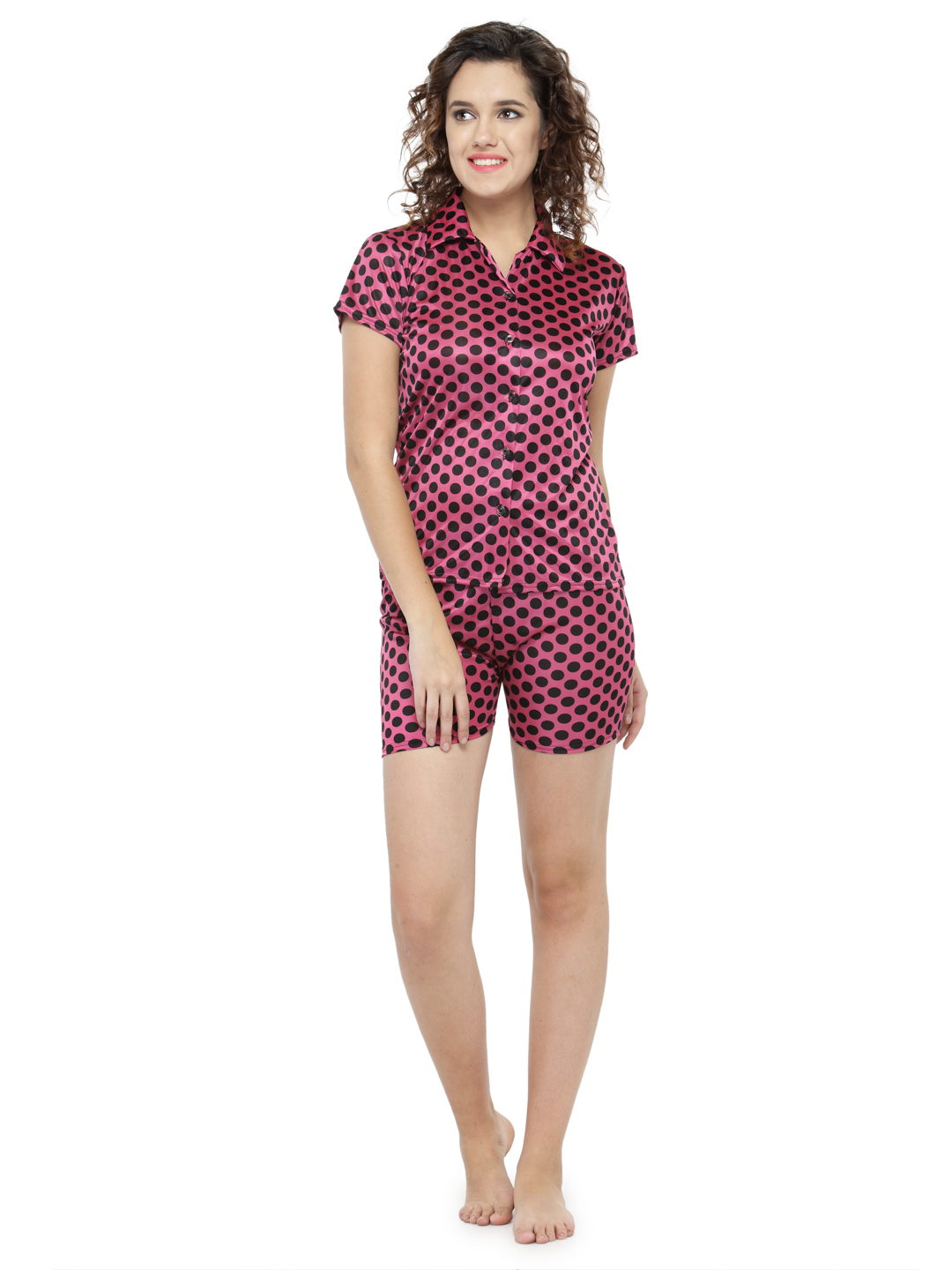 Short Sleeves Polka Dot & Satin Top Shorts Set Loungewear Nightwear - Soft Spandex Satin Fabric, Available In Pink, Purple, Maroon | Sizes S, M, L, Relaxed Fit