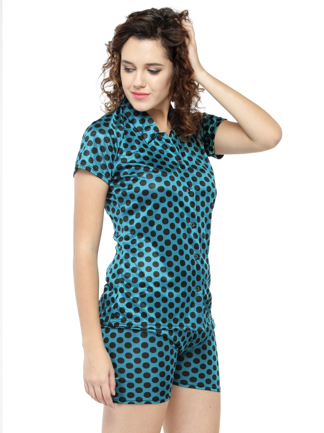 Short Sleeves Polka Dot & Satin Top Shorts Set Loungewear Nightwear - Soft Spandex Satin Fabric, Available In Pink, Purple, Maroon | Sizes S, M, L, Relaxed Fit