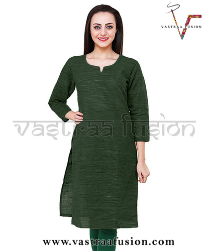 सॉलिड कलर साउथ कॉटन कुर्ती में मल्टी कलर खादी लुक