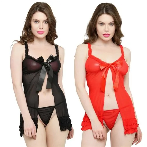 ब्लैक रेड व्हाइट ओपन फ्रंट रफ़ल शीर बेबीडॉल नाइट ड्रेस नाइटवियर