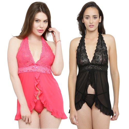 पिंक ब्लैक ओपन फ्रंट रफ़ल शीर बेबीडॉल नाइट ड्रेस नाइटवियर