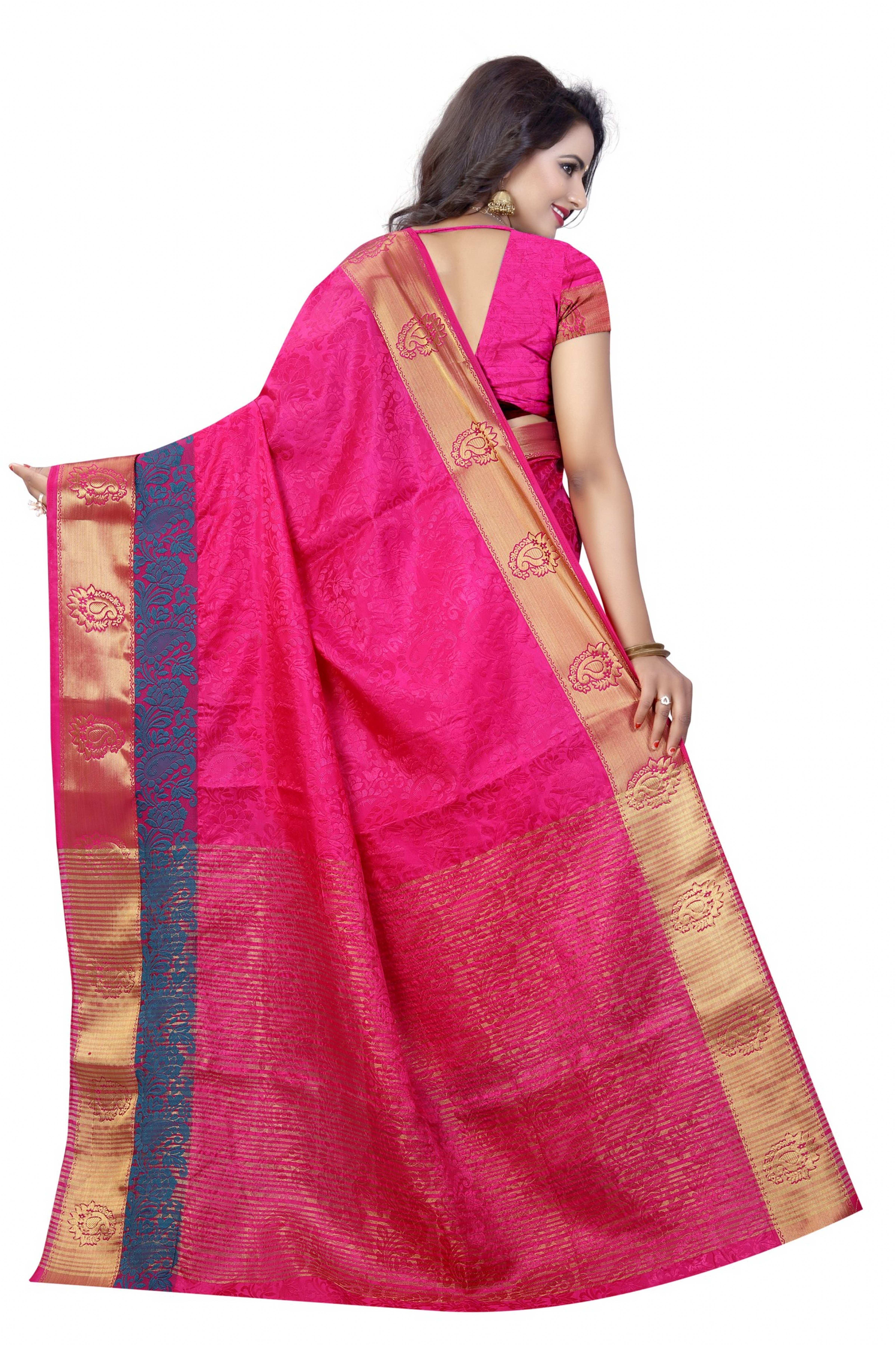 Silk Saree - Cotton Silk Fabric, Hand Printed Pattern , Pink Color With Hand Embroidery And Laces Closure