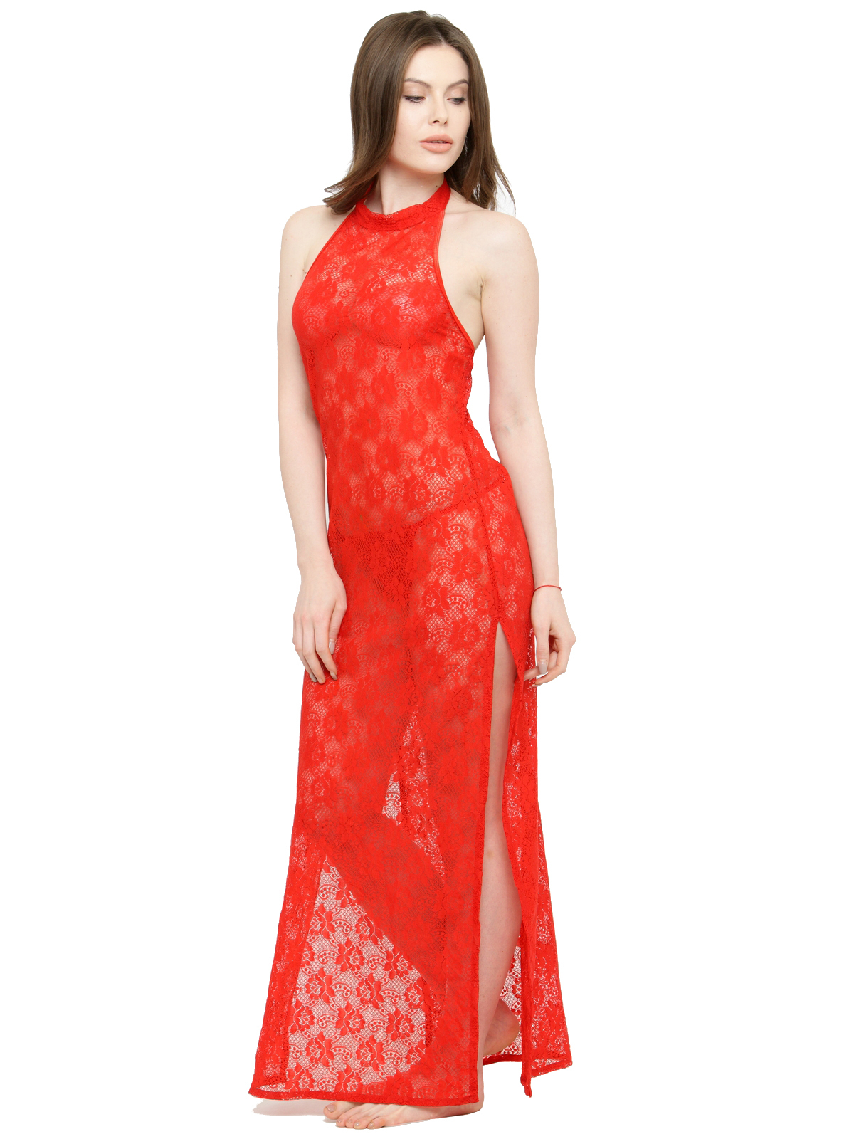 Polyester Sheer Front Slit Bridal Nightgown Nightwear With G-string - Polyester Net Fabric, Sizes S-m-l, Colors Red | Black, Sleeveless, Embroidered Pattern